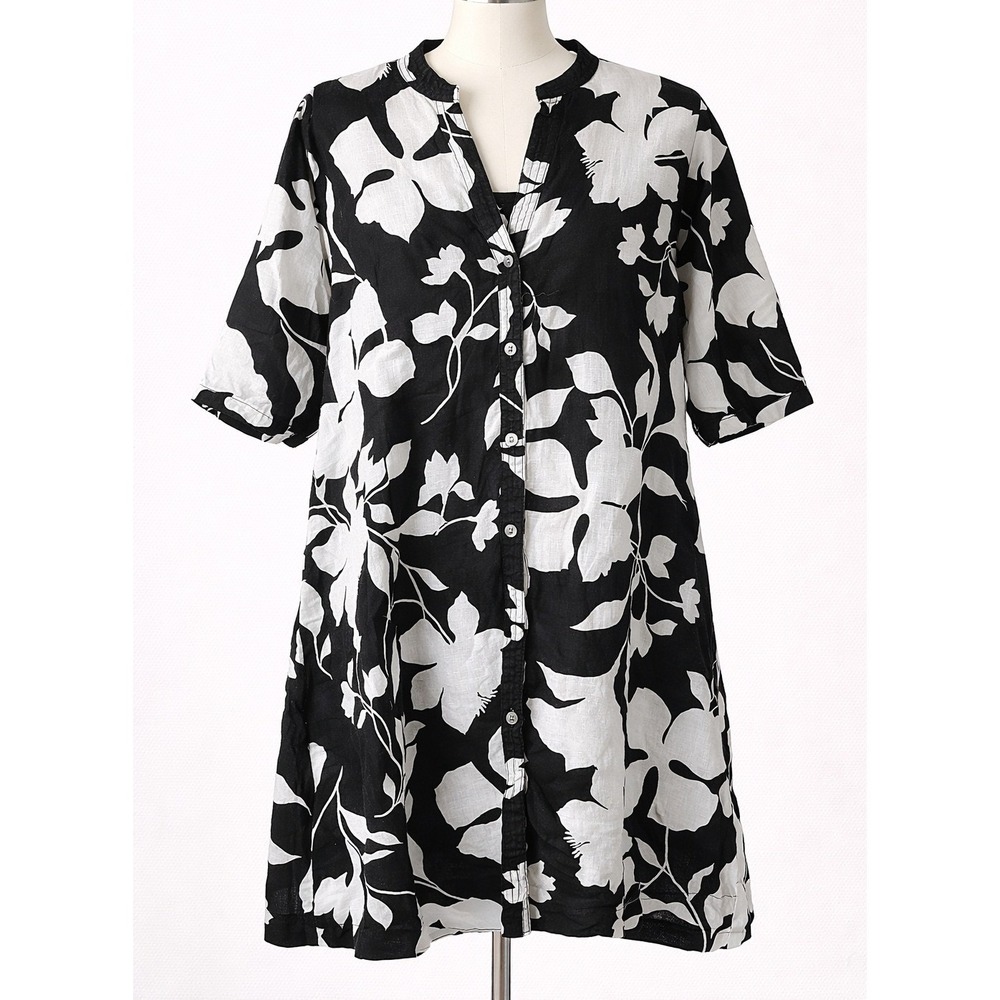 100% Linen Black White Floral LARGE Half Sleeve Button Front Tunic Top Pockets L